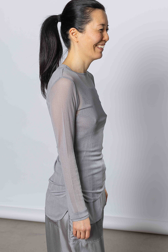 Silk Net Fitted Long Sleeve Top - Grey