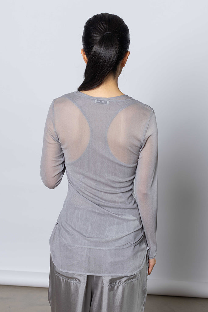 Silk Net Fitted Long Sleeve Top - Grey