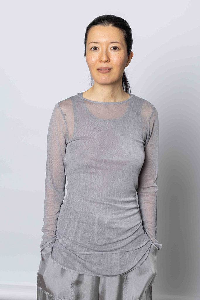 Silk Net Fitted Long Sleeve Top - Grey