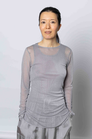 Silk Net Fitted Long Sleeve Top - Grey