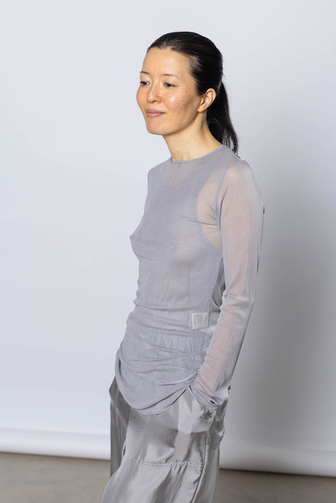 Silk Net Fitted Long Sleeve Top - Grey