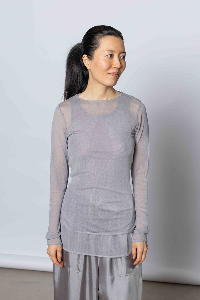 Silk Net Fitted Long Sleeve Top - Grey