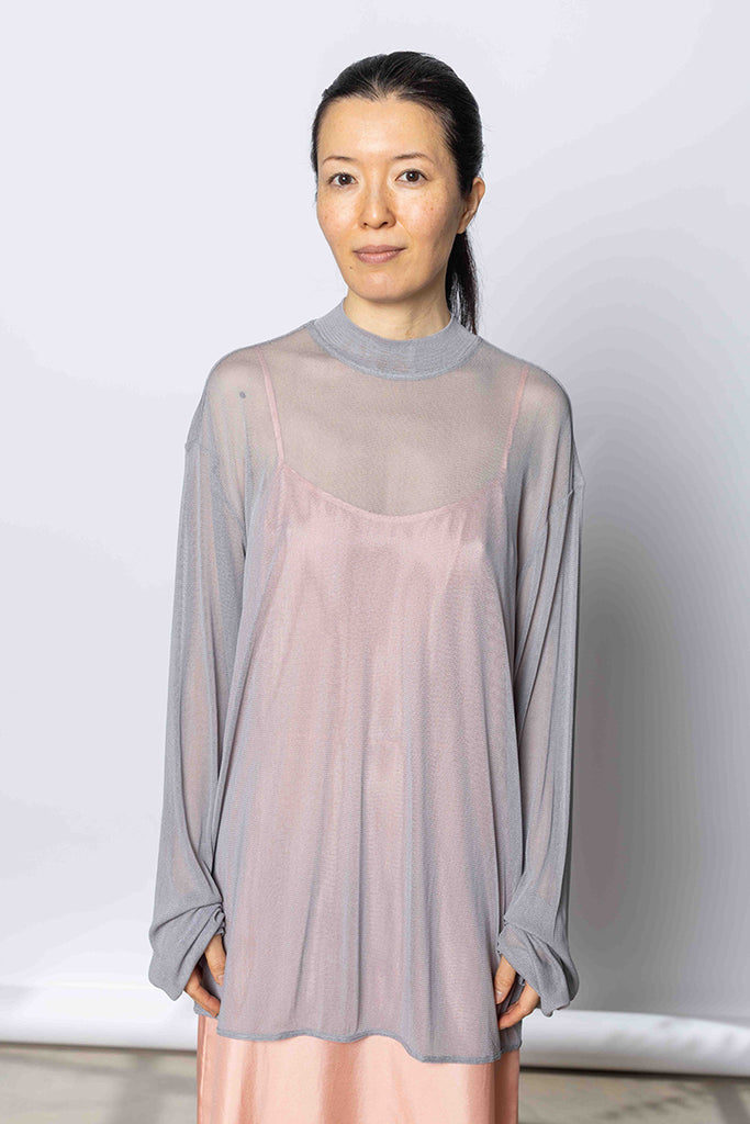 Silk Net Oversized Long Sleeve T-Shirt - Grey