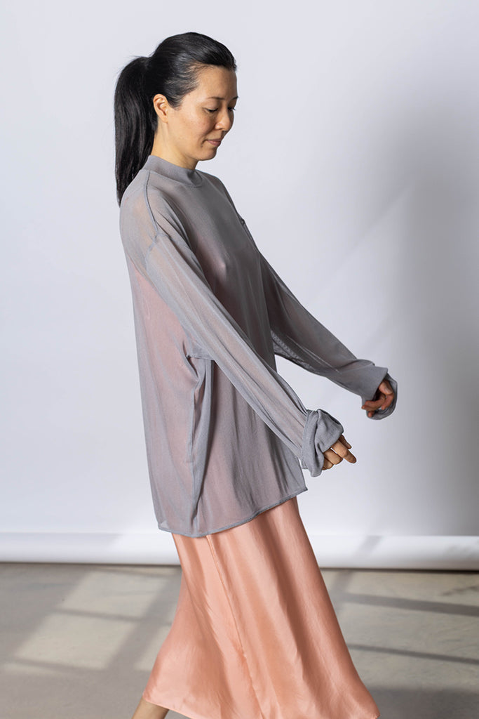 Silk Net Oversized Long Sleeve T-Shirt - Grey