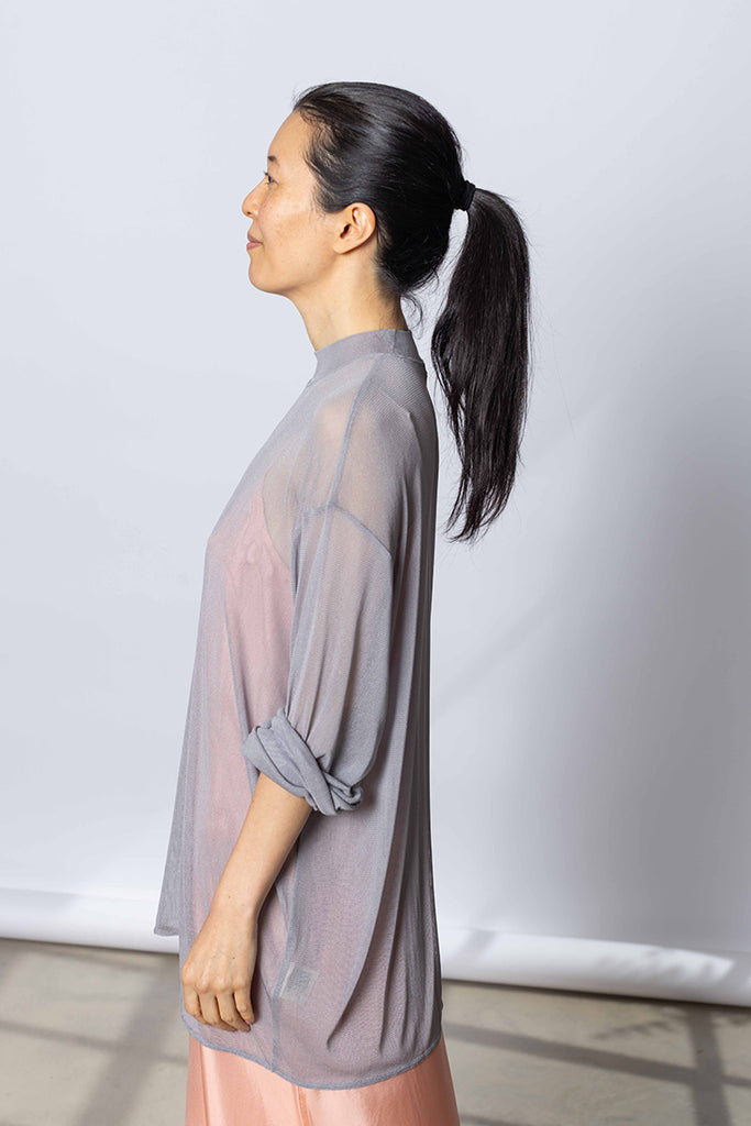 Silk Net Oversized Long Sleeve T-Shirt - Grey