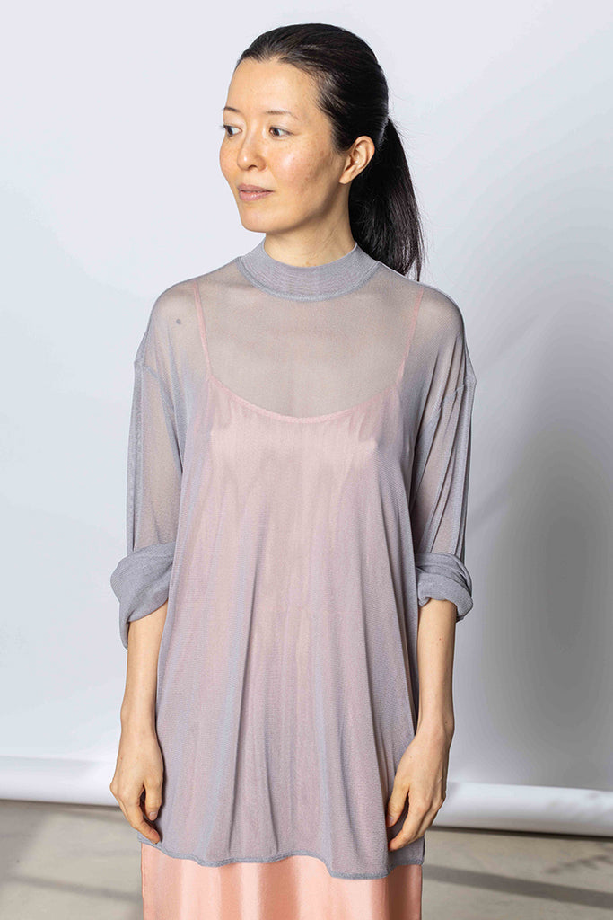 Silk Net Oversized Long Sleeve T-Shirt - Grey