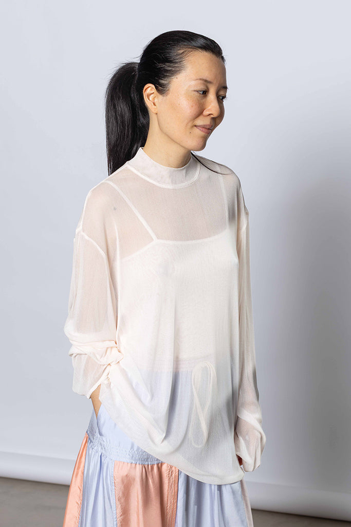 Silk Net Oversized Long Sleeve T-Shirt - White Pink