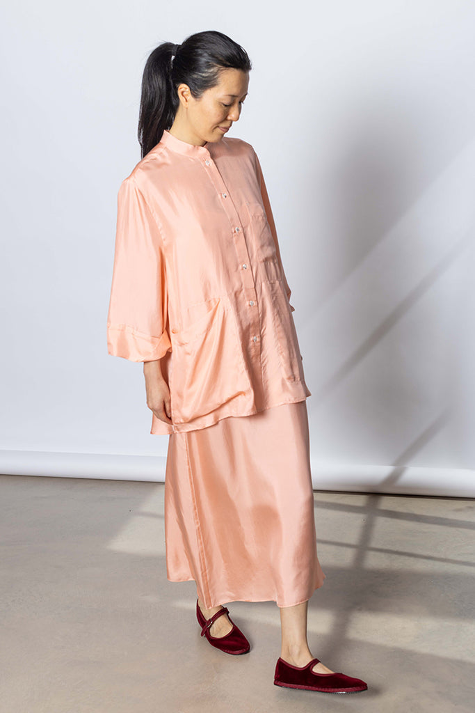 Silk Twill 7/8th Sleeve Shirt - Peach