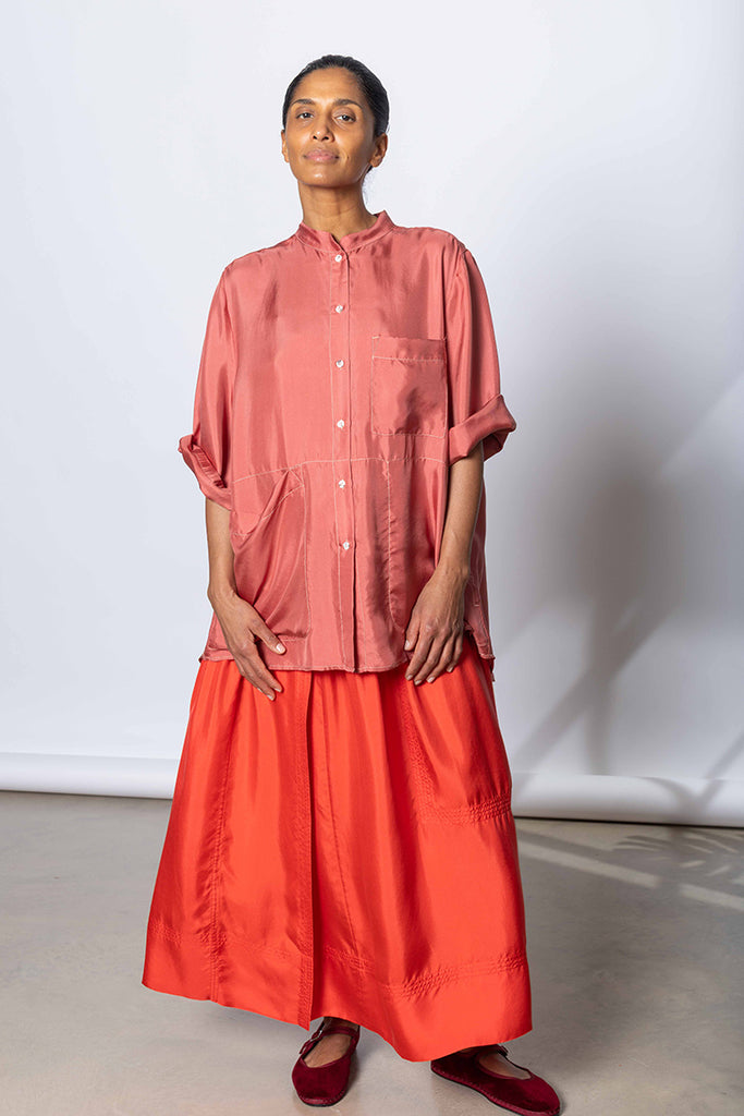 Silk Twill 7/8th Sleeve Shirt - Terracotta