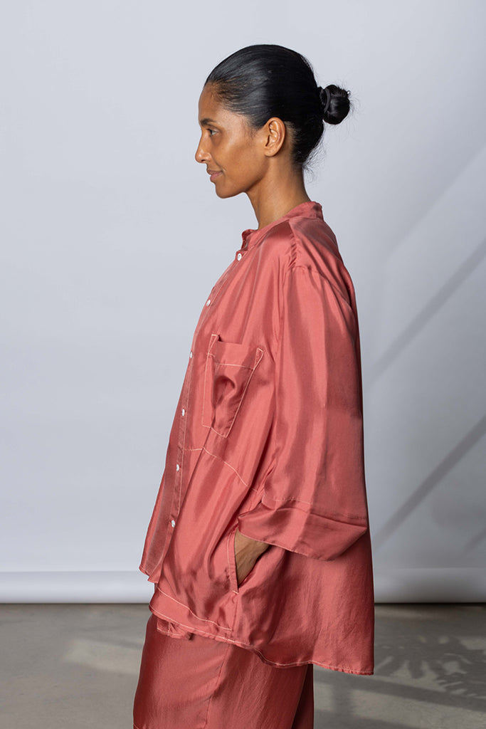 Silk Twill 7/8th Sleeve Shirt - Terracotta