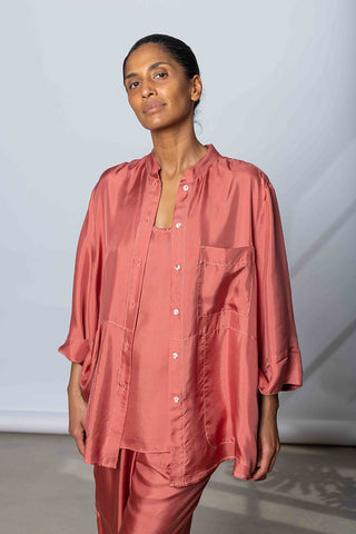 Silk Twill 7/8th Sleeve Shirt - Terracotta