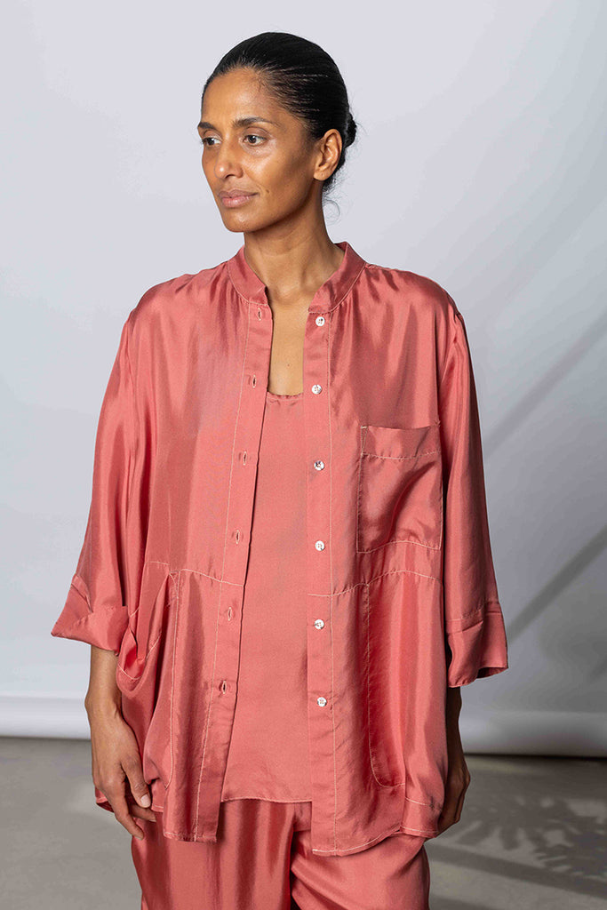 Silk Twill 7/8th Sleeve Shirt - Terracotta
