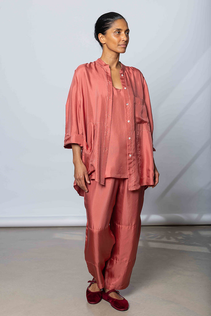 Silk Twill 7/8th Sleeve Shirt - Terracotta