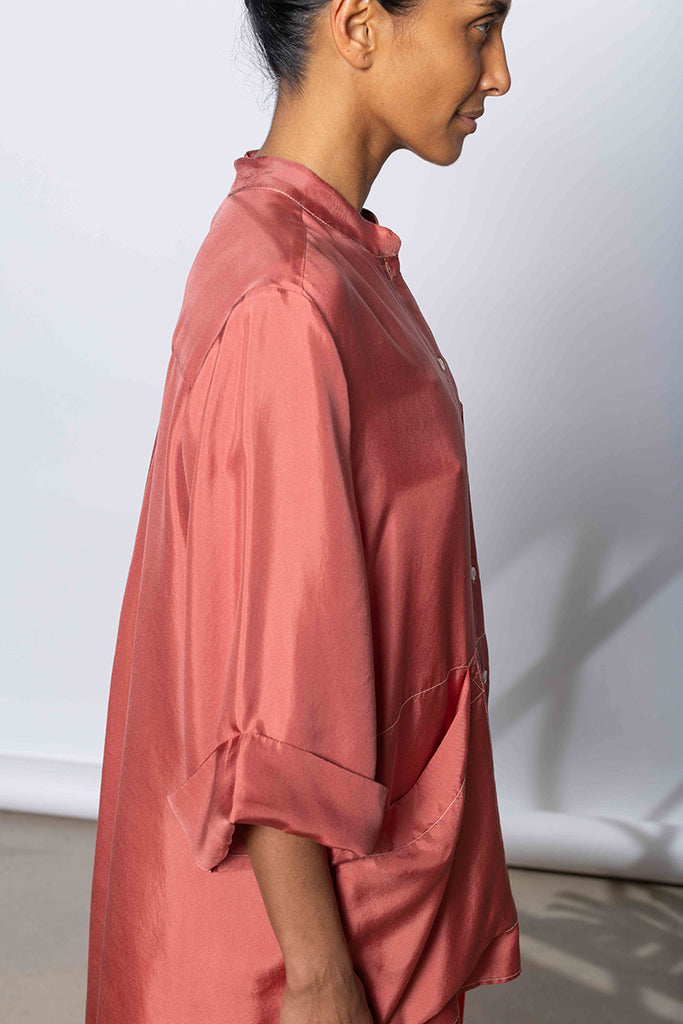 Silk Twill 7/8th Sleeve Shirt - Terracotta