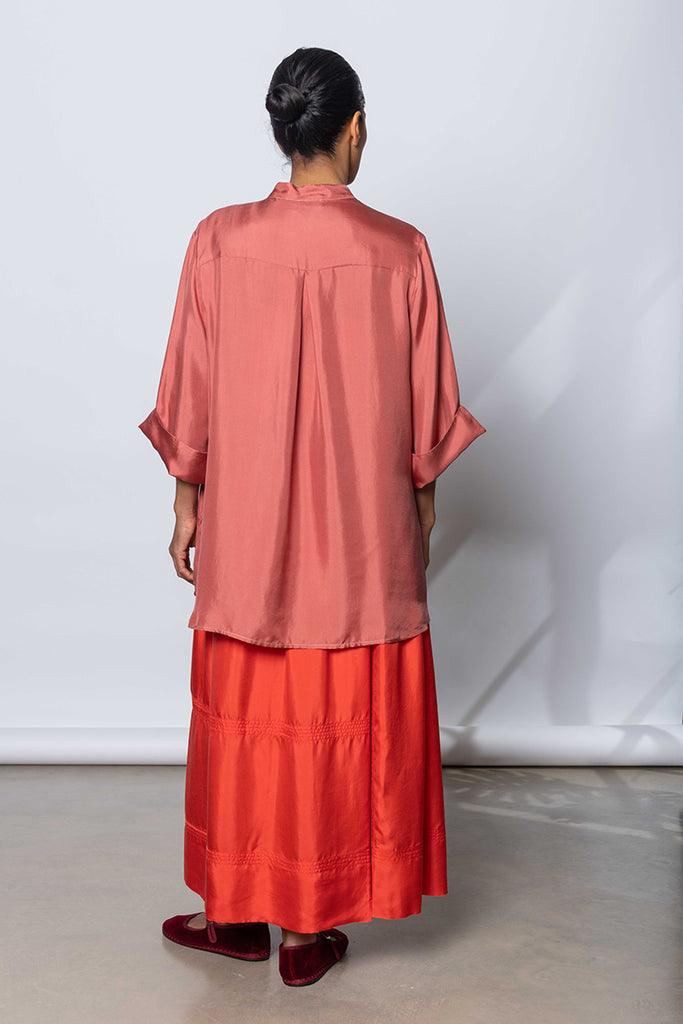 Silk Twill 7/8th Sleeve Shirt - Terracotta