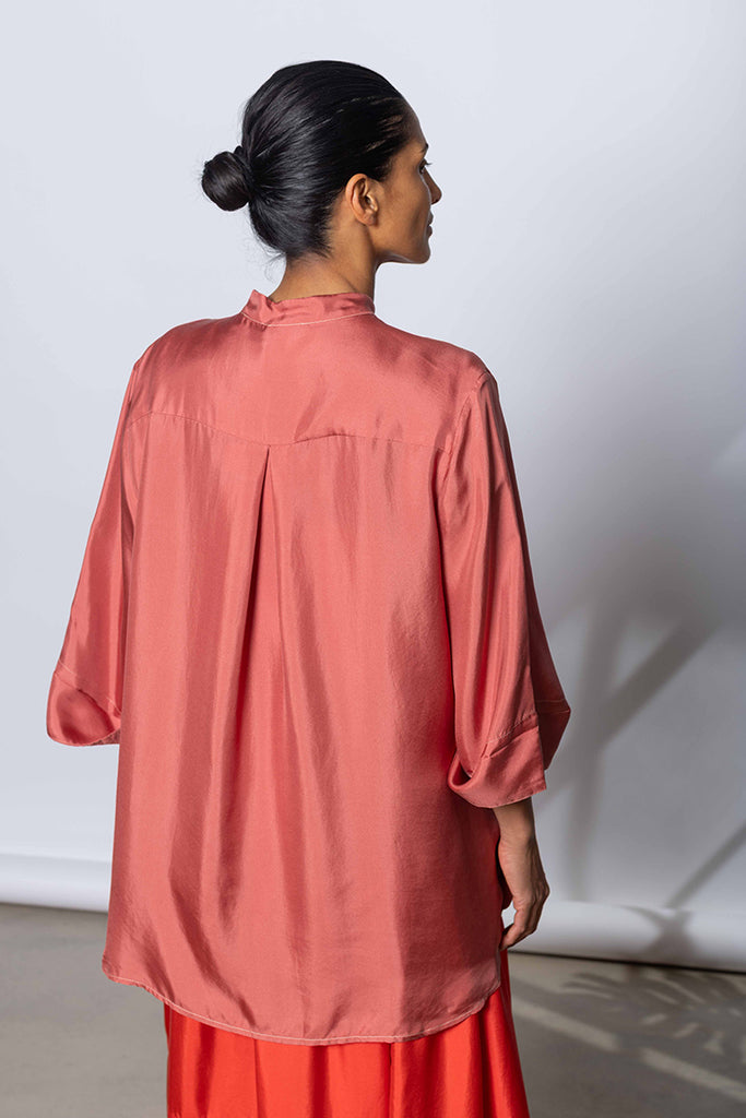 Silk Twill 7/8th Sleeve Shirt - Terracotta