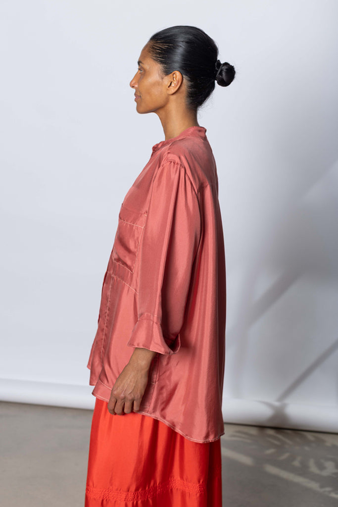 Silk Twill 7/8th Sleeve Shirt - Terracotta