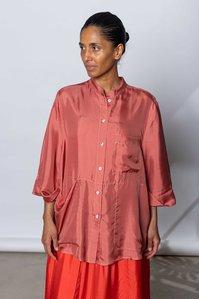 Silk Twill 7/8th Sleeve Shirt - Terracotta