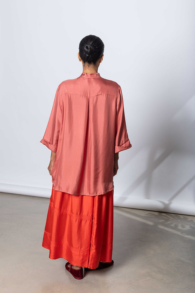 Silk Twill 7/8th Sleeve Shirt - Terracotta