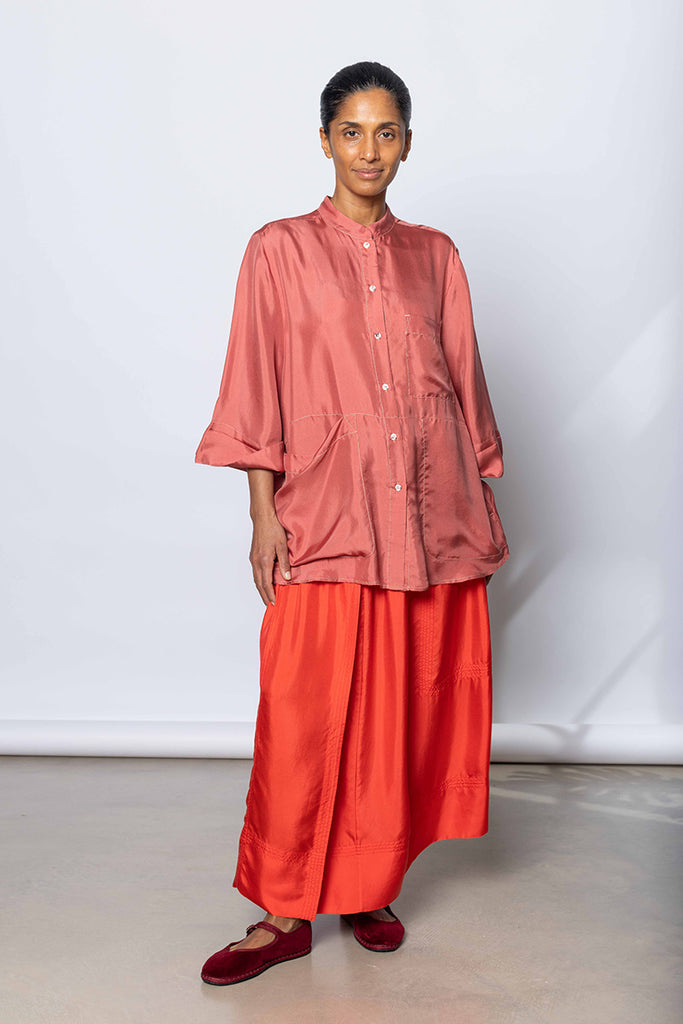 Silk Twill 7/8th Sleeve Shirt - Terracotta