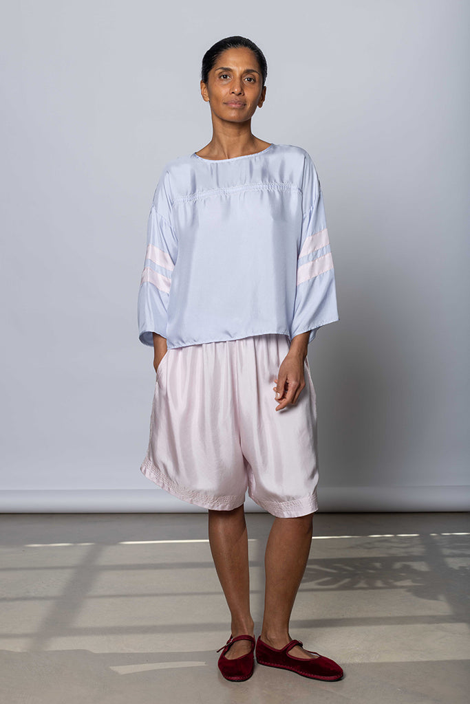 Silk Twill Baseball T-Shirt - Camas Blue/White Lilac