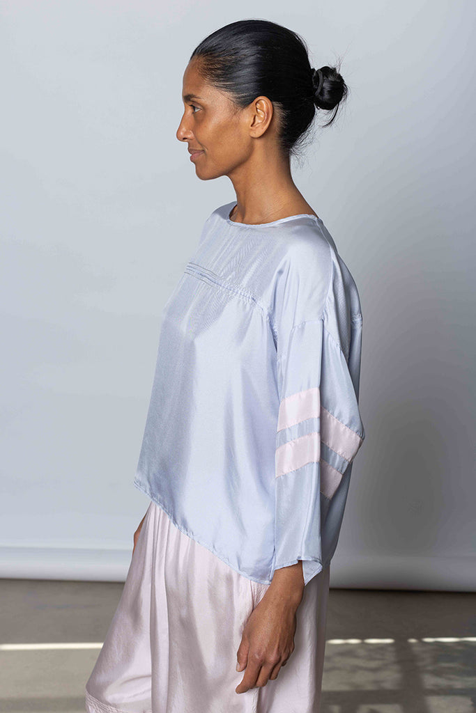 Silk Twill Baseball T-Shirt - Camas Blue/White Lilac