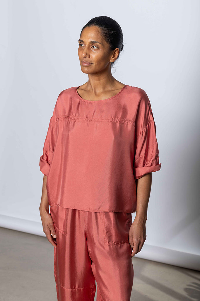 Silk Twill Baseball T-Shirt - Terracotta