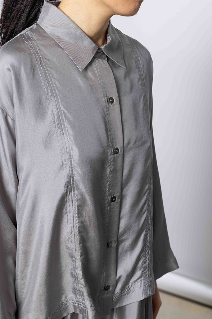 Silk Twill Boxy Shirt Jacket - Silver Grey