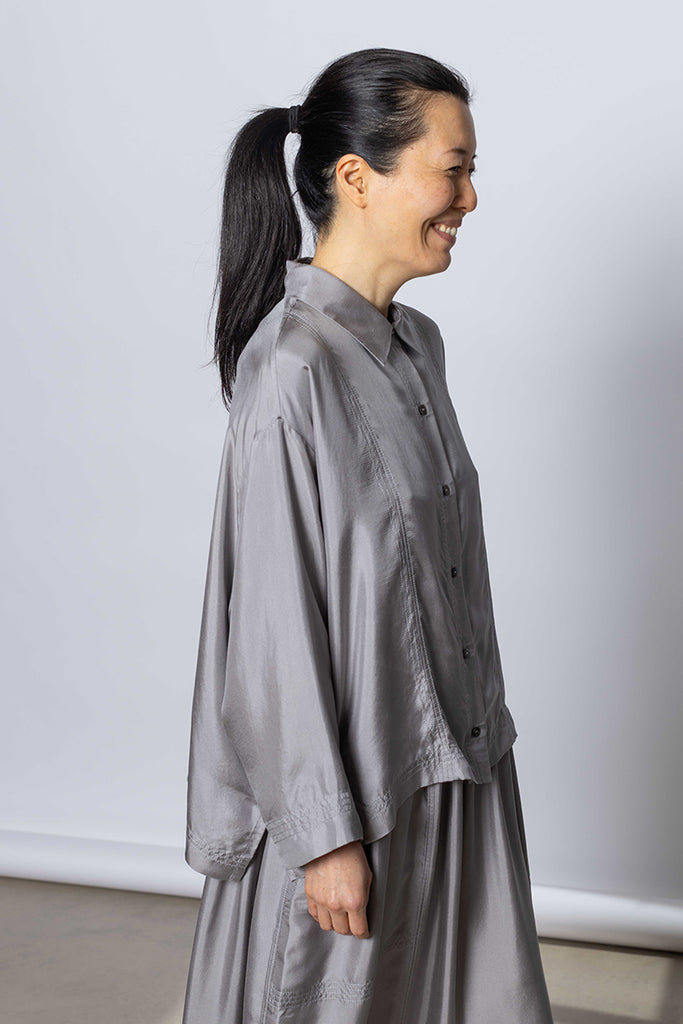 Silk Twill Boxy Shirt Jacket - Silver Grey