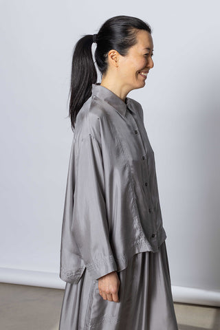 Silk Twill Boxy Shirt Jacket - Silver Grey