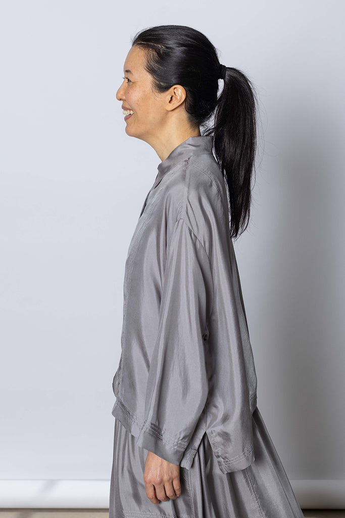 Silk Twill Boxy Shirt Jacket - Silver Grey