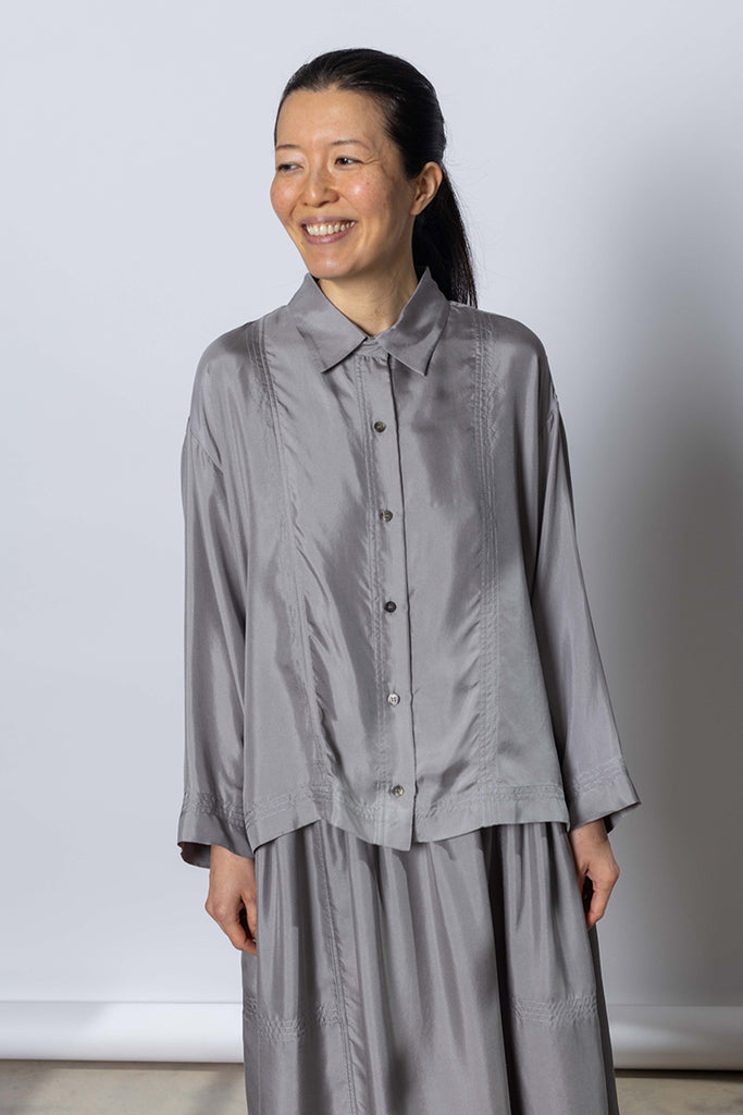 Silk Twill Boxy Shirt Jacket - Silver Grey