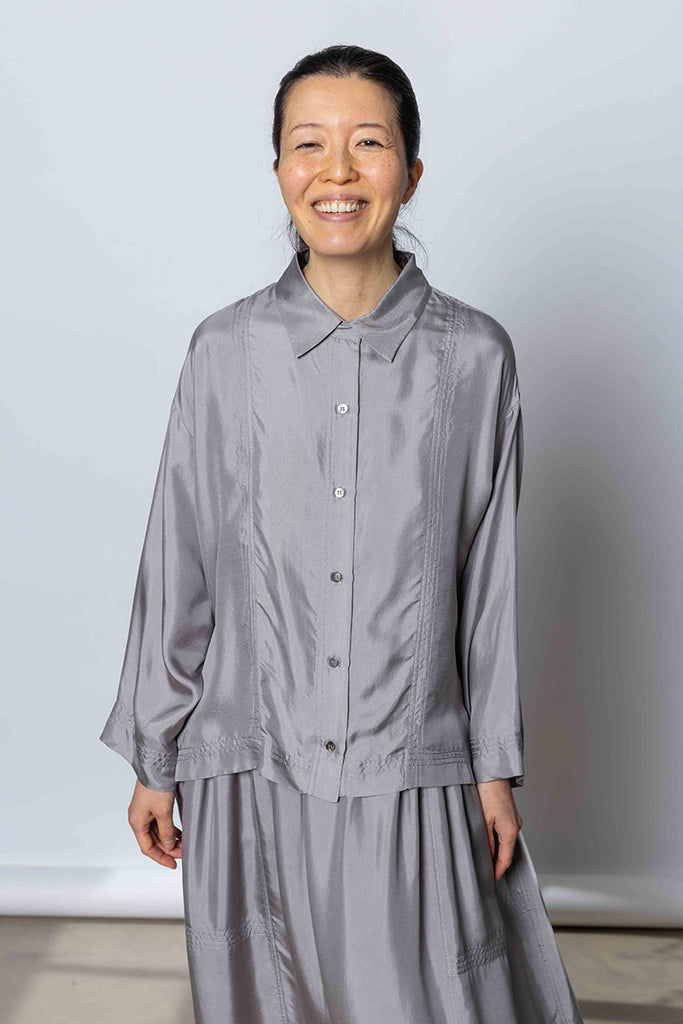 Silk Twill Boxy Shirt Jacket - Silver Grey