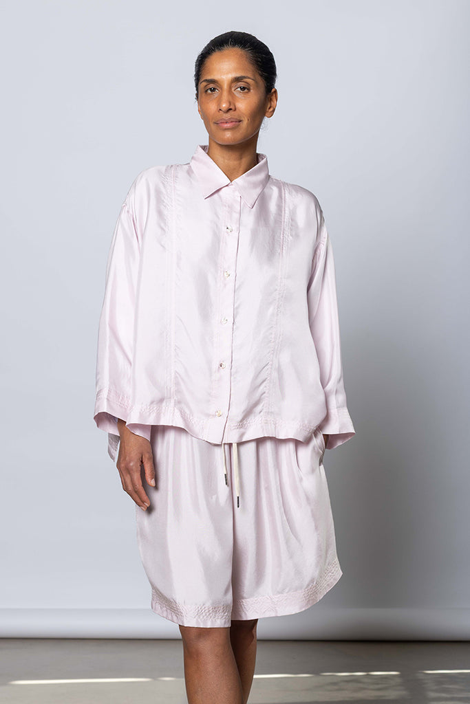 Silk Twill Boxy Shirt Jacket - White Lilac