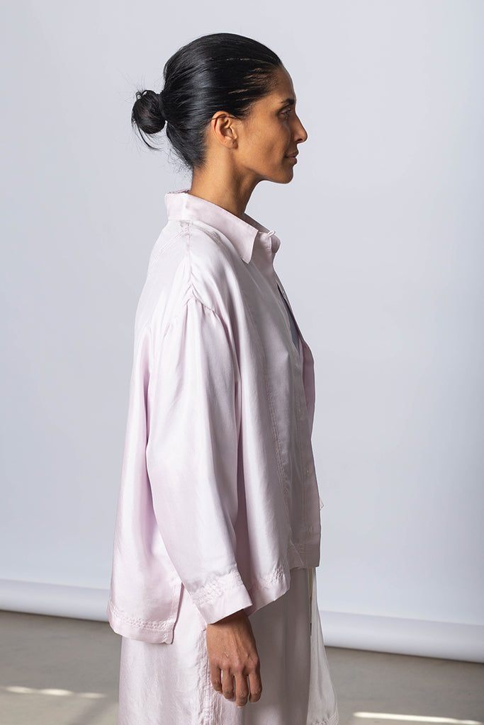 Silk Twill Boxy Shirt Jacket - White Lilac