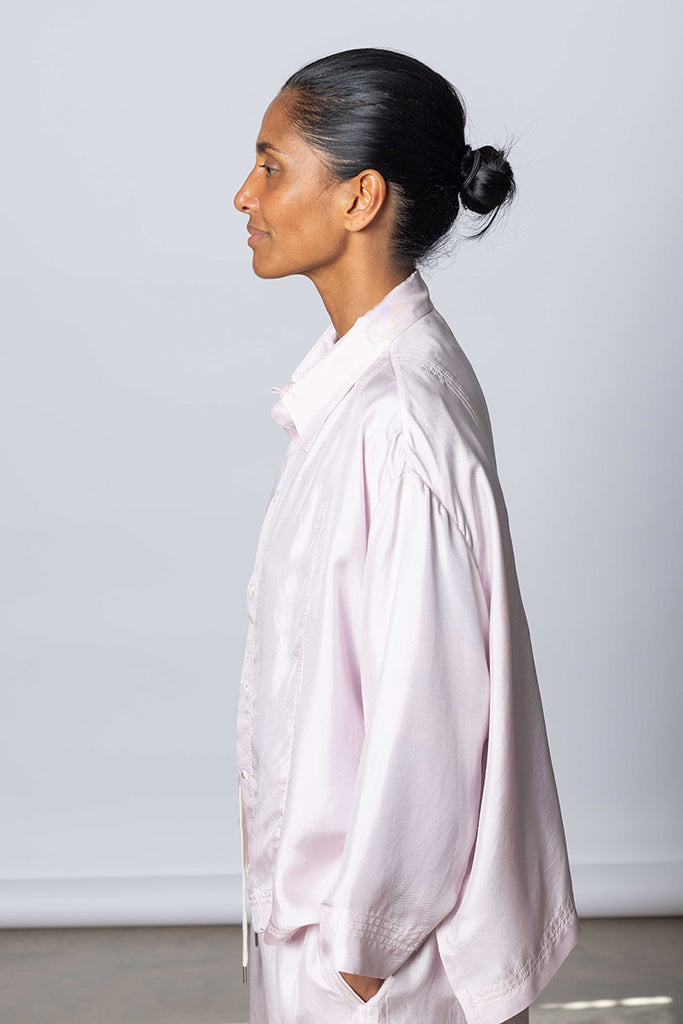 Silk Twill Boxy Shirt Jacket - White Lilac