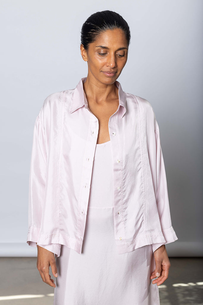 Silk Twill Boxy Shirt Jacket - White Lilac
