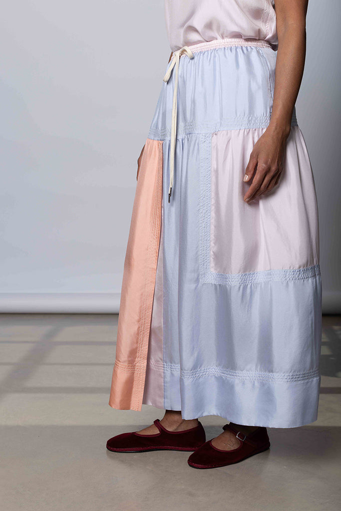 Silk Twill Drop Waist Skirt -  Camas Blue/Multi