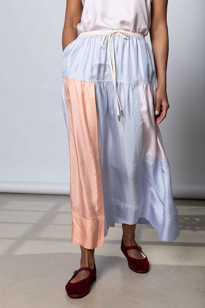 Silk Twill Drop Waist Skirt -  Camas Blue/Multi