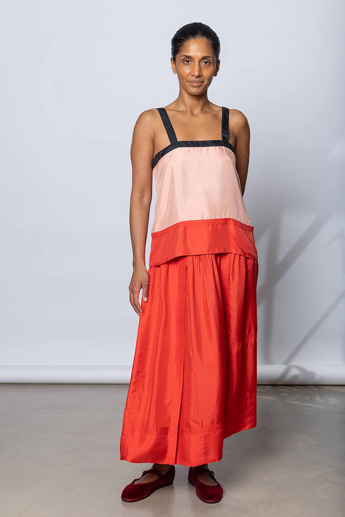 Silk Twill Drop Waist Skirt - Terracotta/Coral/Printer Black