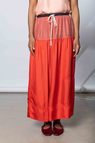 Silk Twill Drop Waist Skirt - Terracotta/Coral/Printer Black