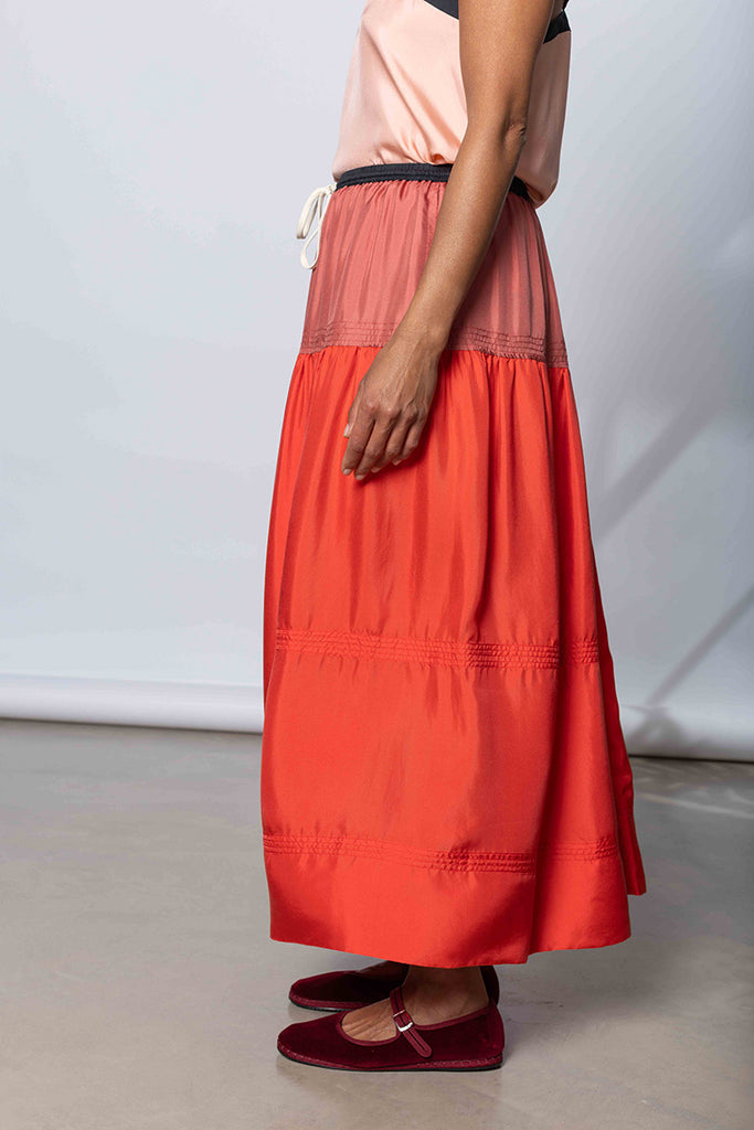 Silk Twill Drop Waist Skirt - Terracotta/Coral/Printer Black