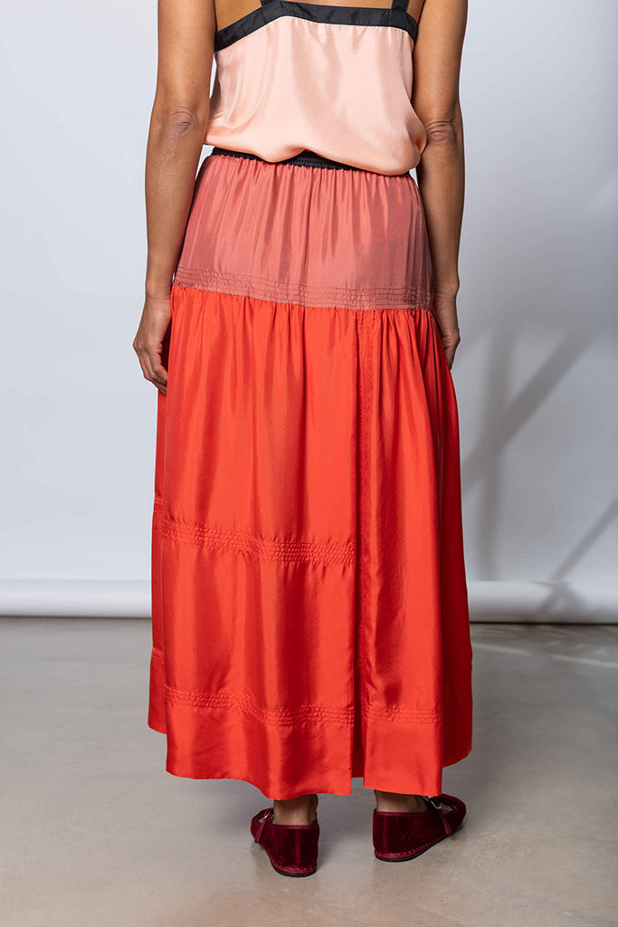 Silk Twill Drop Waist Skirt - Terracotta/Coral/Printer Black