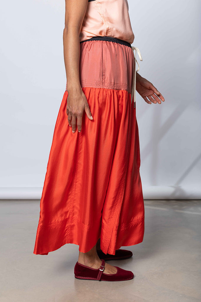 Silk Twill Drop Waist Skirt - Terracotta/Coral/Printer Black