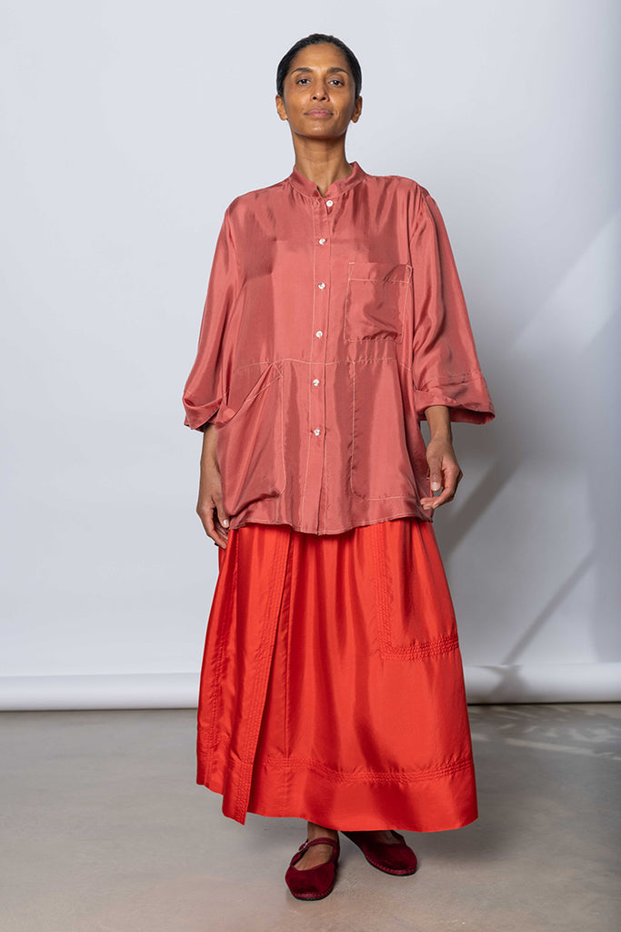 Silk Twill Drop Waist Skirt - Terracotta/Coral/Printer Black