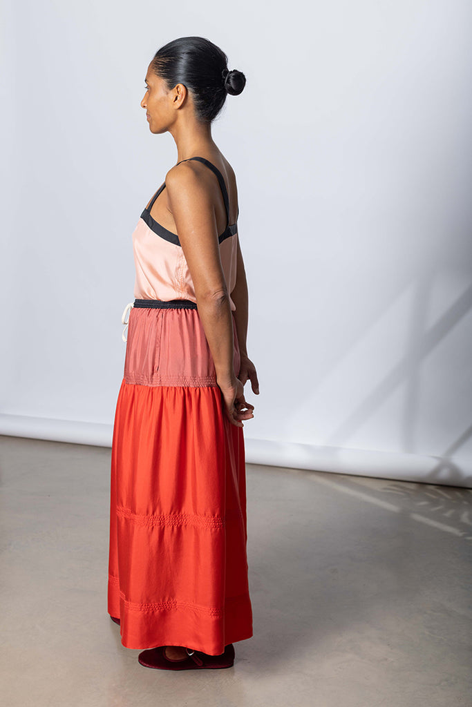 Silk Twill Drop Waist Skirt - Terracotta/Coral/Printer Black
