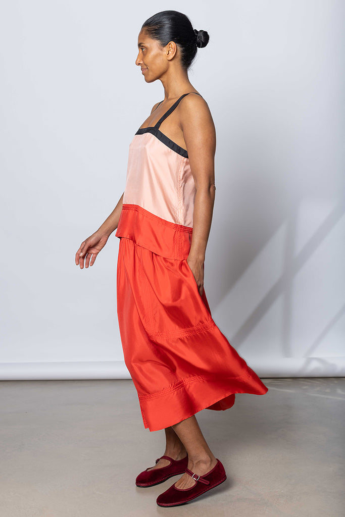 Silk Twill Drop Waist Skirt - Terracotta/Coral/Printer Black