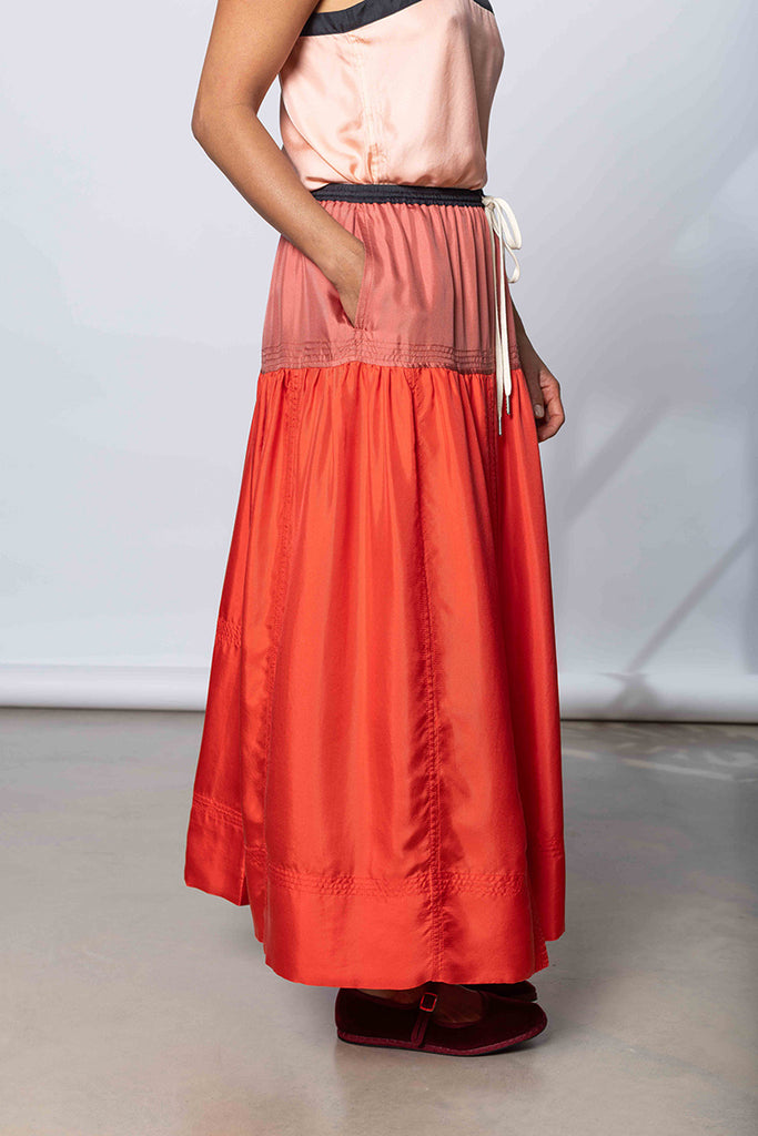 Silk Twill Drop Waist Skirt - Terracotta/Coral/Printer Black