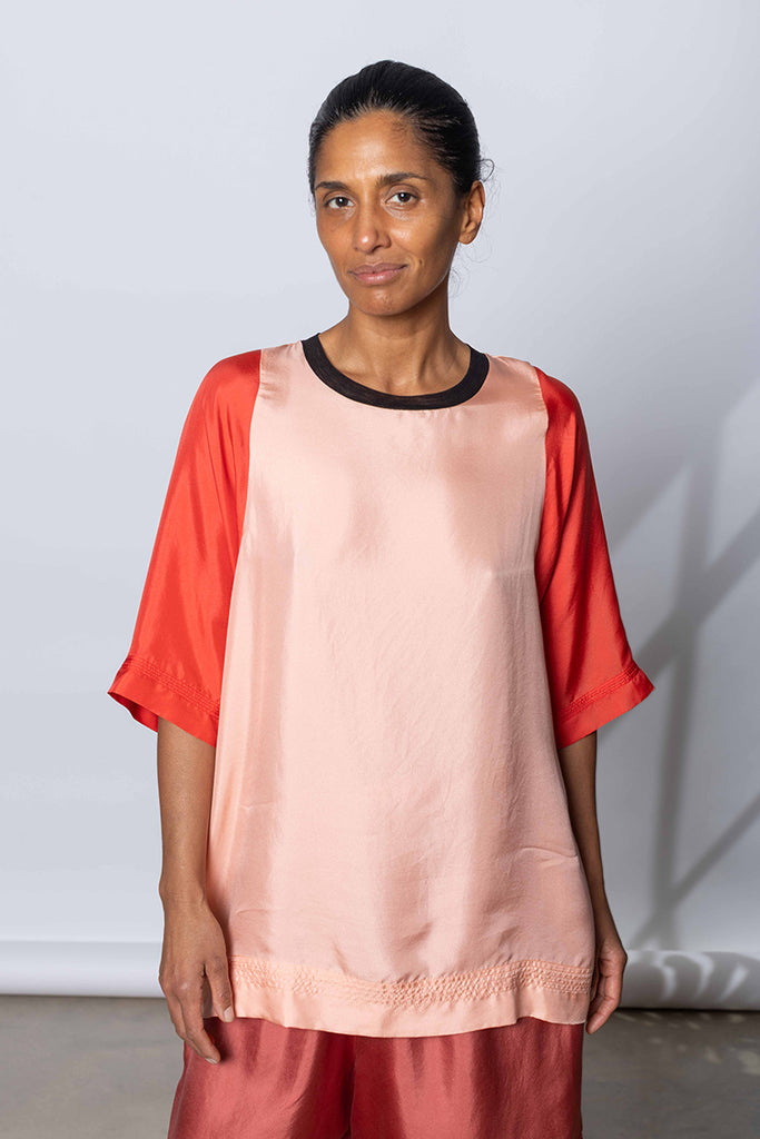 Silk Twill Raglan T-Shirt - Peach/Coral