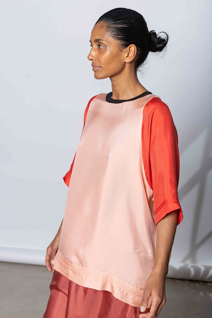 Silk Twill Raglan T-Shirt - Peach/Coral